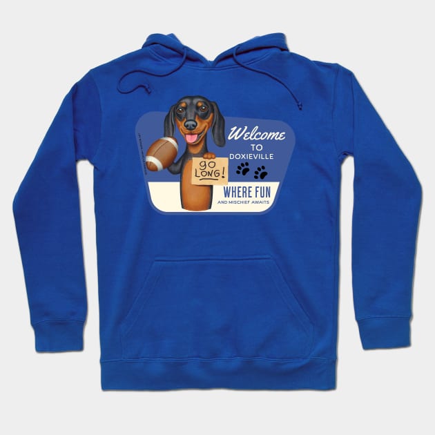 Fun Doxie Dog throwing a football and going long Hoodie by Danny Gordon Art